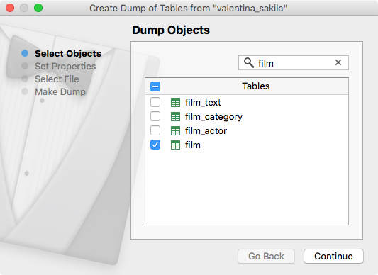  Create Dump Wizard - objects filter