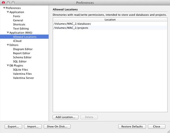 Preferences Dialog - Allowed Locations